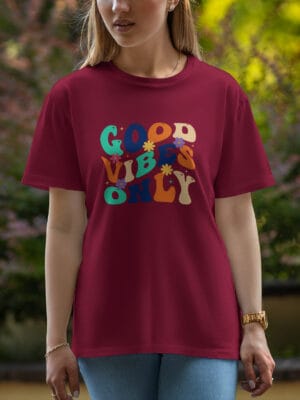 Female Printed Round Neck Half Sleeve T-Shirt-Good Vibes Only