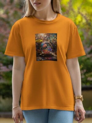 Female Printed Round Neck Half Sleeve T-Shirt-Bubble with Flower