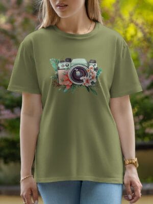 Female Printed Round Neck Half Sleeve T-Shirt-Camera