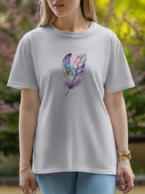 Female Printed Round Neck Half Sleeve T-Shirt-Feather