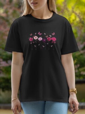 Female Printed Round Neck Half Sleeve T-Shirt-Flowers and Butterfly