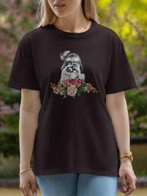 Female Printed Round Neck Half Sleeve T-Shirt-Girl and flowers