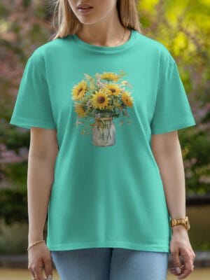 Female Printed Round Neck Half Sleeve T-Shirt-Top Flower