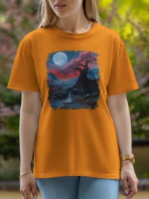 Female Printed Round Neck Half Sleeve T-Shirt-moon and tree